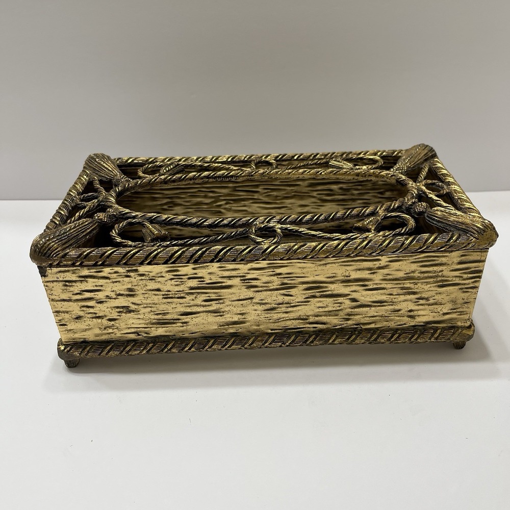 Vintage MCM Brass Tissue Box Cover Hollywood Regency Gold Filigree Tassels